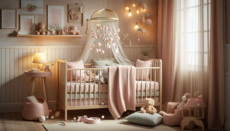 Baby room interior with crib, toys and window. 3d rendering