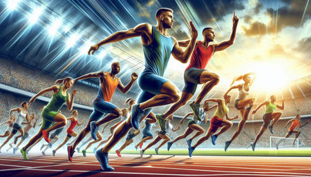 Sporty people running on stadium track at sunset. 3D rendering