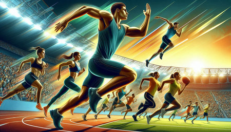 Sport people running in stadium. 3D illustration. Sport background.の写真素材