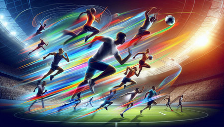 Soccer players in action at the stadium. 3D rendering.