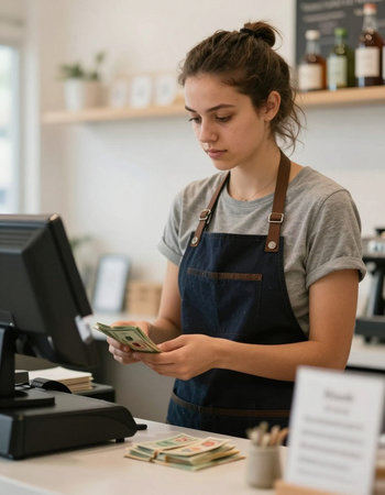 Female cashier counting money in cash register. Young female cashier counting money in cash register. Business and finance conceptの写真素材