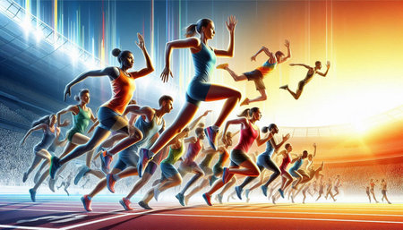 Group of people running in a stadium. Sport and competition concept.の写真素材