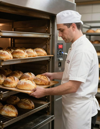 Baker taking breads out of oven in the kitchen of a bakery