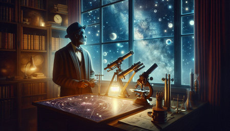 Astronomy concept. Man with telescope and planet. 3D rendering