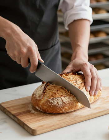 Cropped image of a female baker cutting a loaf of bread.