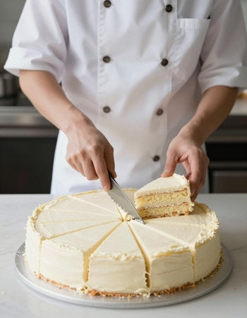 Chef cutting a cake with a knife, close-up.