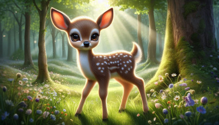 Fawn in the forest. 3d rendering. Computer digital drawing.の写真素材