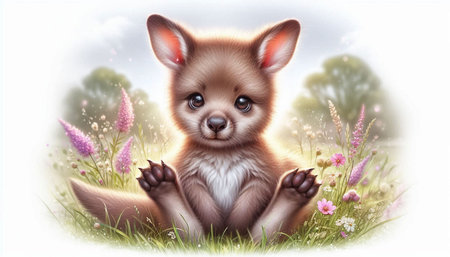 Cute kangaroo sitting in the grass with flowers. Vector illustration.の写真素材