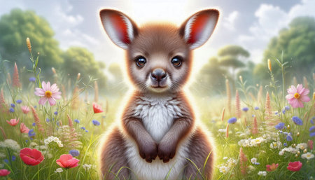 Kangaroo in the meadow with flowers.3d renderingの写真素材
