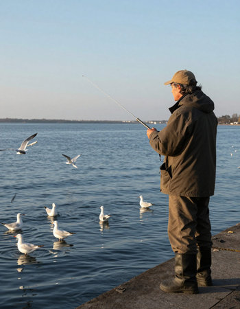 Fisherman and seagulls on the bank of the river