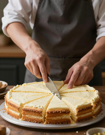 Chef cutting cake with knife on wooden table in kitchen, closeupの写真素材