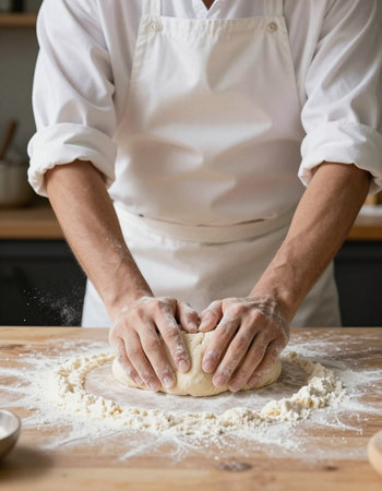 Male hands kneading dough on wooden table in the kitchen.