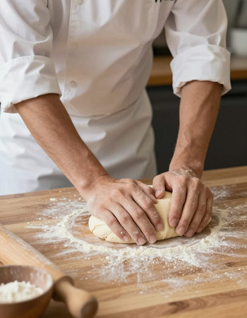 Male hands kneading dough on a wooden table in the kitchen
