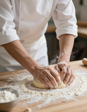 Chef hands kneading dough in the kitchen, closeup