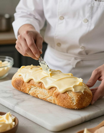 Chef cutting fresh bread with butterle board, closeup