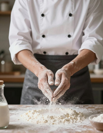 Chef hands kneading dough on table in kitchen, closeup