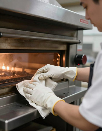 Close up of female hands in gloves cleaning oven in restaurant kitchen.