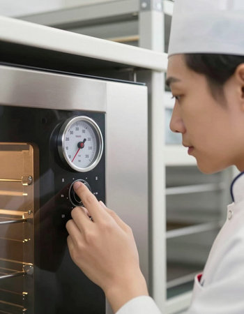 Asian chef checking the temperature of the oven in the kitchen.