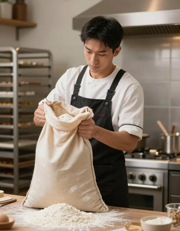 young asian man in black apron kneading dough in kitchen