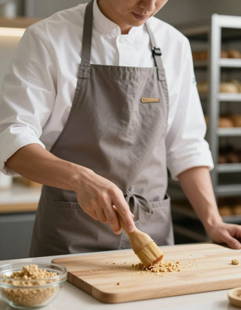 cropped shot of confectioner in apron holding wooden spatula