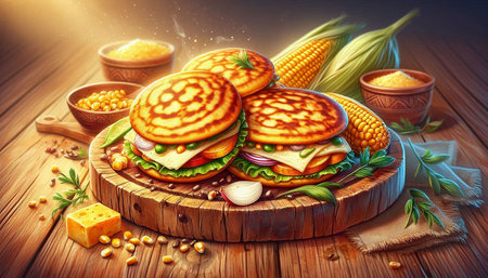 Sandwiches with corn, cheese and greens on a wooden background.