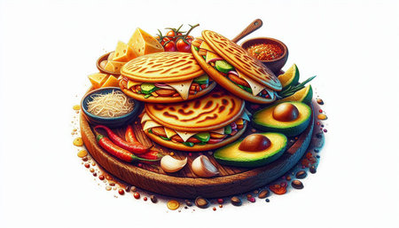 Pancakes with vegetables and cheese on a white background. Vector illustration.