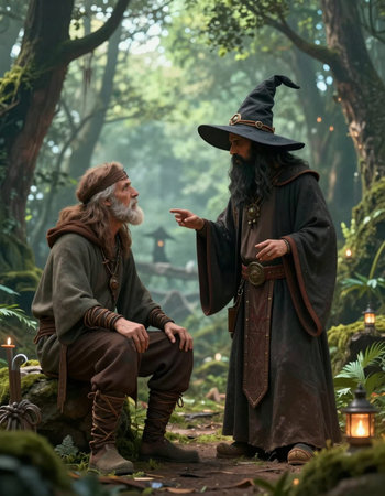 Witch and wizard in the forest. Halloween. Fantasy. Halloween.