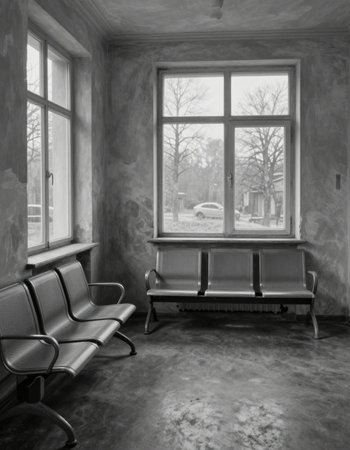 Black and white image of an empty room with a bench and a window