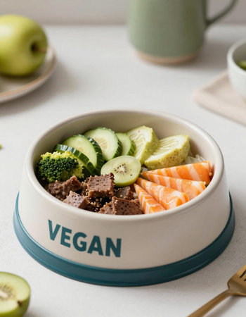 Healthy food in bowl with salmon, kiwi and cucumber