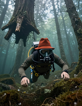 Scuba diver in the rainforest of Redwoods National Park in California
