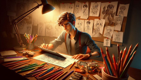 Portrait of a young male artist working in the studio.