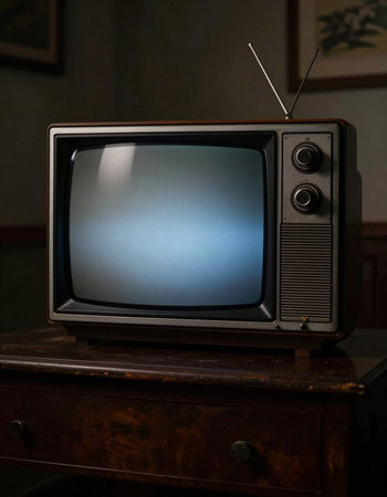 Retro television set on a wooden table in a dark room.