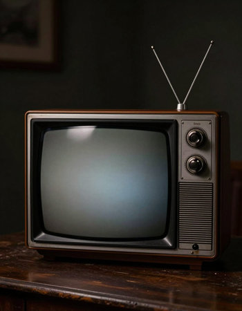 Retro television on a wooden table in a dark room, close up
