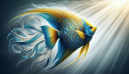 3D illustration of a blue and yellow fish with rays of light