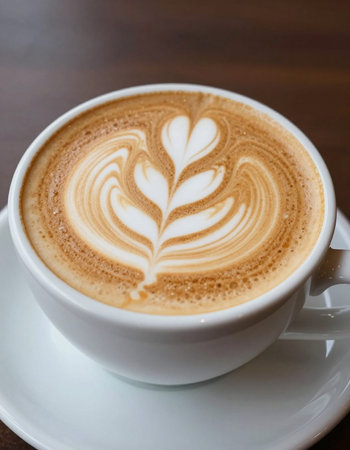 Latte art coffee in white cup on wooden table, stock photo