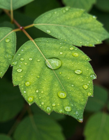 Water drops on green leaf after the rain, closeup of photo