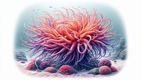 A vibrant sea anemone surrounded by coral and marine life in an underwater setting.