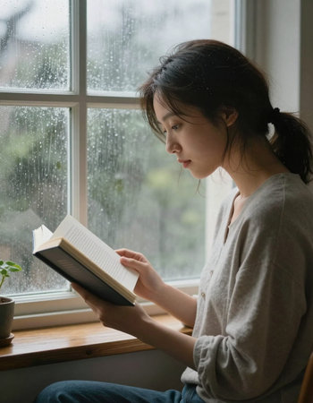 Young woman reading a book on the windowsill at home with rainの写真素材