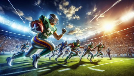 American football players in action. Mixed media. Mixed media. Mixed mediaの写真素材