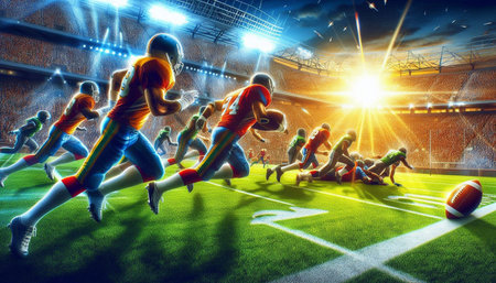 Group of football players in action at the stadium. 3D renderingの写真素材