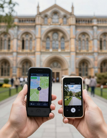 Hands holding iPhone 6s and iPhone 7s with gps app on the screen.の写真素材