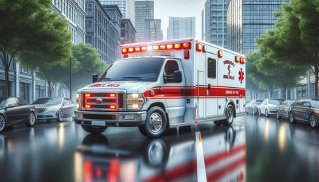 Ambulance on the street. 3D rendering. High resolution image.