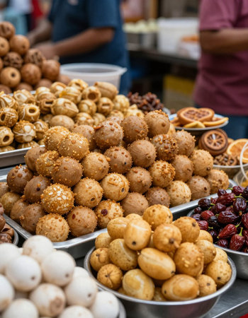 Traditional oriental sweets on display at a street market.の写真素材