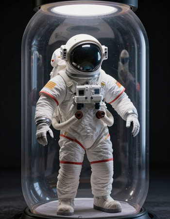 Astronaut in a glass jar on a dark background. Studio shot.