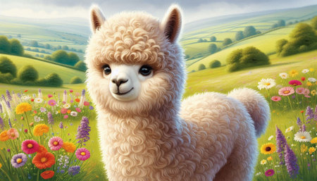 Cute alpaca in the meadow with flowers. 3d illustrationの写真素材