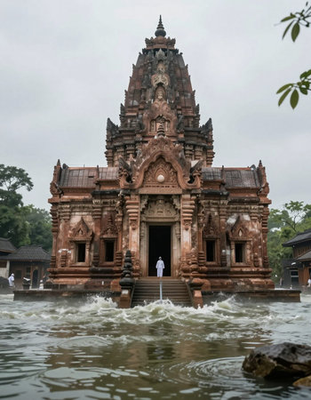 Buddhist temple on the bank of the river in Sangkhlaburi, Kanchanaburi, Thailand