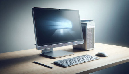 Computer on wooden desk with mouse and keyboard. 3D Rendering