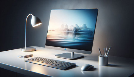 workplace with computer, lamp and other objects on table. 3d rendering
