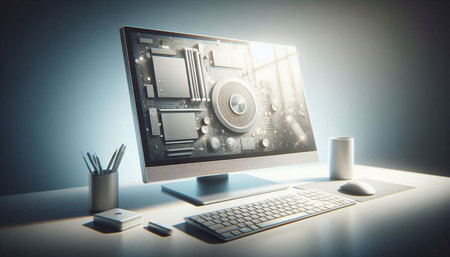 Computer screen with graphic design elements. 3d rendering toned image
