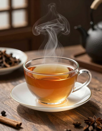 Cup of tea with steam on wooden table, close-up